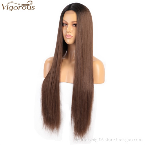 Vigorous Fashion Girl Cheap Long Silky Straight Wigs Lace Middle Part Ombre Brown Wigs For White Women Heat Resistant